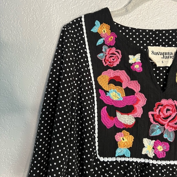 Savanna Jane Black White Pink Red Polka dot Floral Bohemian Blouse Casual Tops S - Picture 5 of 7